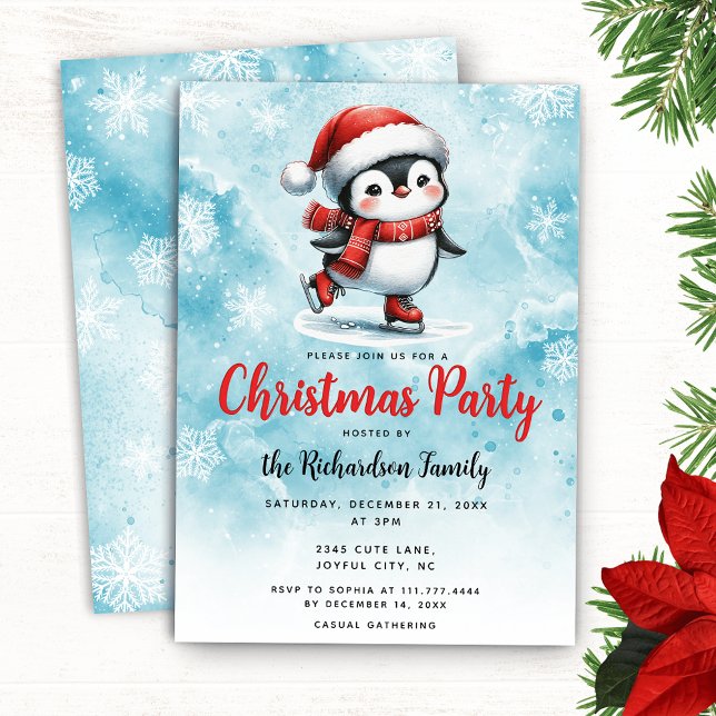 Niedlicher Penguin Ice Skater Blaues Weihnachtsfes Einladung (Von Creator hochgeladen)