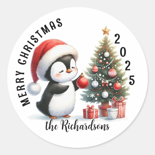 Niedlicher Penguin Moderne Custom Frohe Weihnachte Runder Aufkleber (Vorderseite)