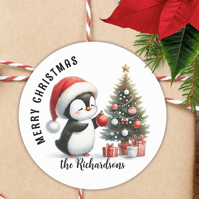 Niedlicher Penguin Moderne Personalisierte Weihnac Runder Aufkleber (Von Creator hochgeladen)