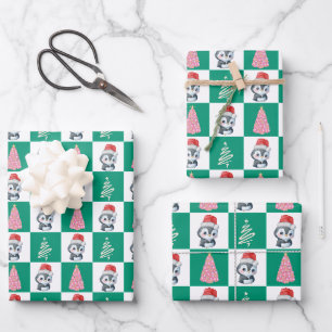Niedlicher Penguin Santa Merry Weihnachtsbaum Part Geschenkpapier Set