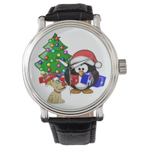 Niedlicher Penguin Santa und Rentierhund Armbanduhr
