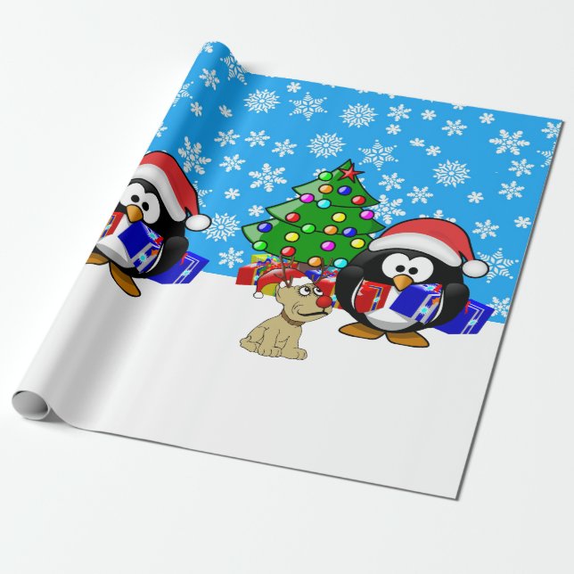 Niedlicher Penguin Santa und Rentierhund Geschenkpapier (Ungerollt)