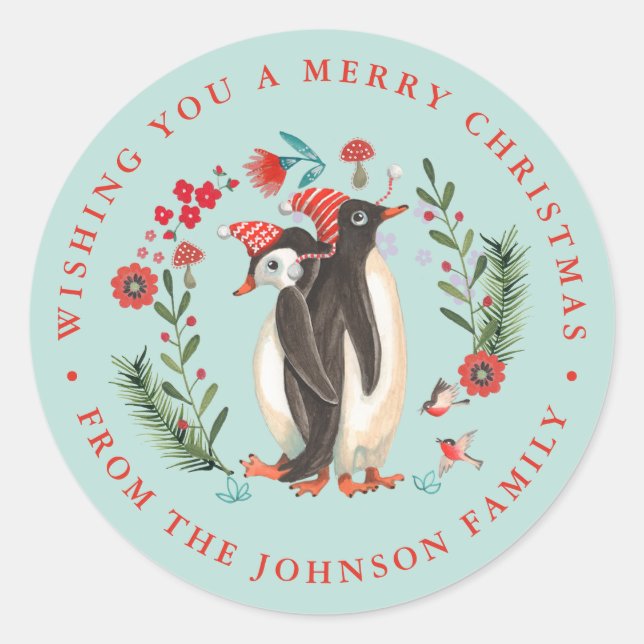 Niedlicher Penguin Weihnachten Weihnachtsname blau Runder Aufkleber (Vorderseite)