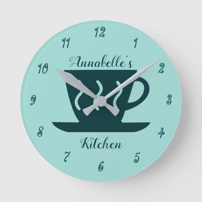 Niedlicher Personalisierter Aquamariner Kaffee Obe Runde Wanduhr (Vorderseite)