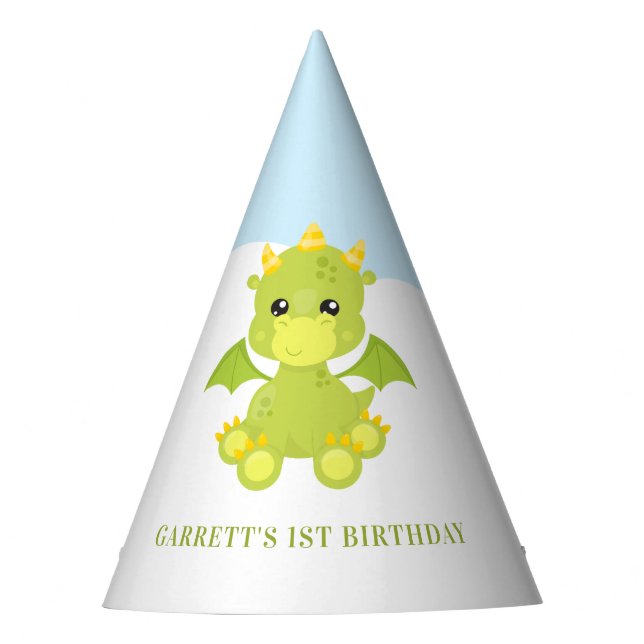 Niedlicher Personalisierter Boy Dragon 1. Geburtst Partyhütchen (Vorderseite)