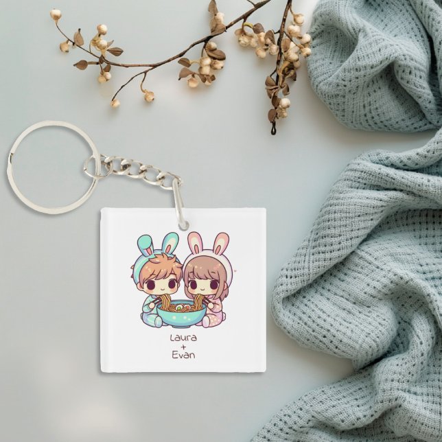 Niedlicher Personalisierter Chibi-Stil Ramen Coupl Schlüsselanhänger (Cute Personalized Chibi-Style Ramen Couple Keychain)