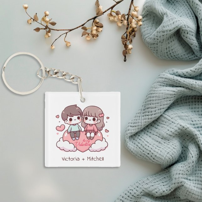 Niedlicher Personalisierter Chibi-Stil Sei mein Pa Schlüsselanhänger (Cute Personalized Chibi-Style Be Mine Couple Keychain)