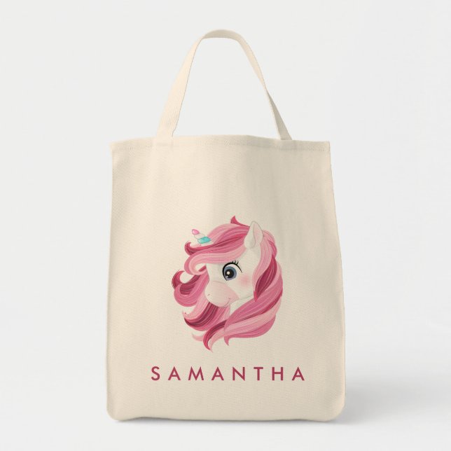 Niedlicher personalisierter Einhorn-Regenbogen-Ros Tragetasche (Vorne)