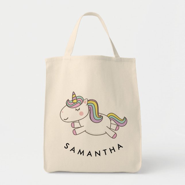 Niedlicher personalisierter Einhornregenbogen Tragetasche (Vorne)