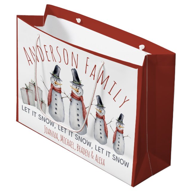 Niedlicher Personalisierter Familienname Snowman L Große Geschenktüte (Vorderseite Schrägansicht)