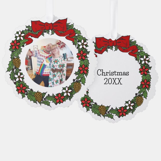 Niedlicher Personalisierter Foto Weihnachtskranz Ornament Karte (Vorderseite/Rückseite)