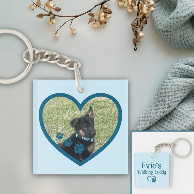 Niedlicher Personalisierter Hund zu Fuß Buddy Hear Schlüsselanhänger (Teal Personalized Dog Walking Buddy Heart Photo Keychain
)