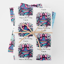 Niedlicher Personalisierter Lila und blauer Cupcak Geschenkpapier Set