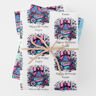 Niedlicher Personalisierter Lila und blauer Cupcak Geschenkpapier Set