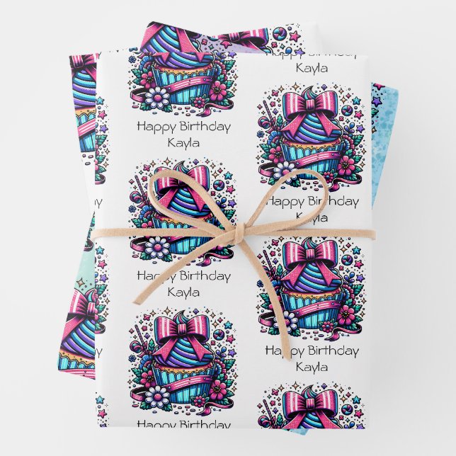 Niedlicher Personalisierter Lila und blauer Cupcak Geschenkpapier Set (Beispiel)