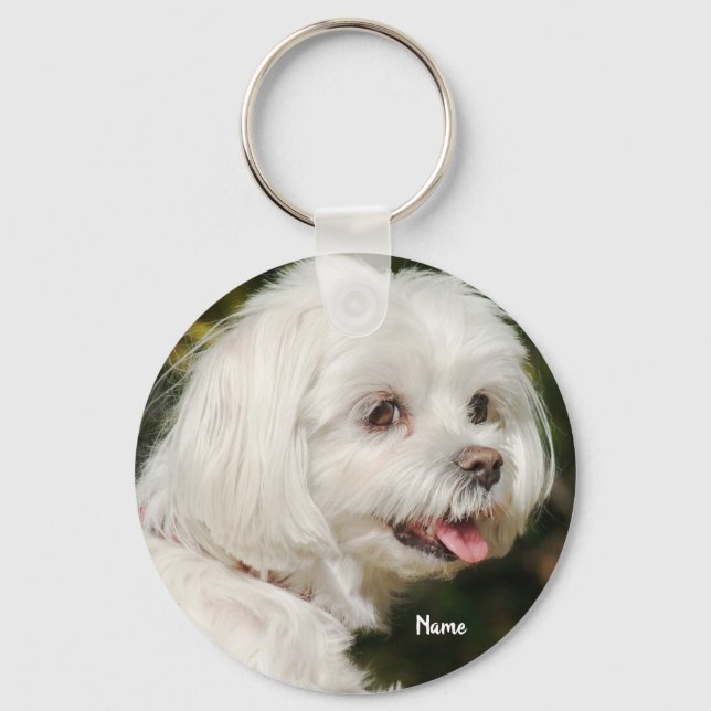 Niedlicher Personalisierter Malteser Welpenhund Schlüsselanhänger (Vorderseite)