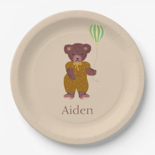 Niedlicher Personalisierter Name Bär Beige Kinder Pappteller