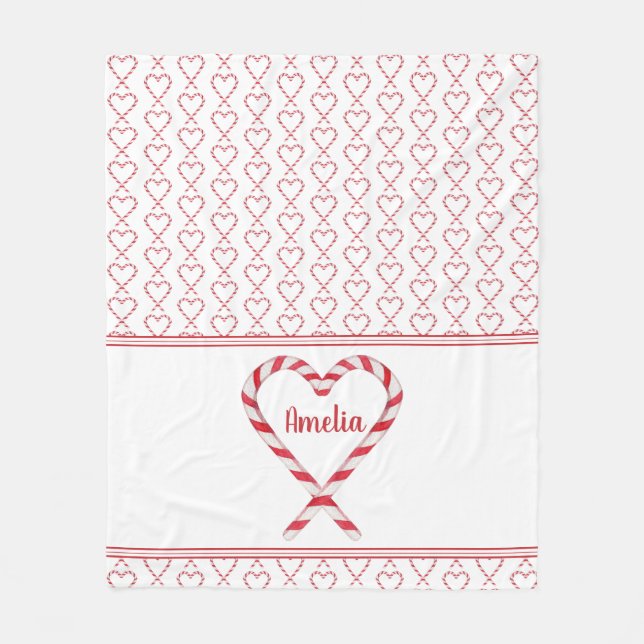 Niedlicher Personalisierter Name Candy Cane Hearts Fleecedecke (Vorderseite)