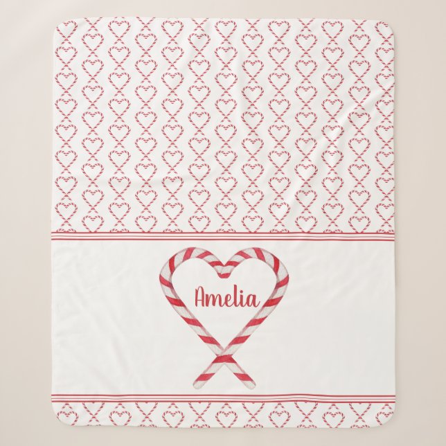 Niedlicher Personalisierter Name Candy Cane Hearts Sherpadecke (Vorderseite)