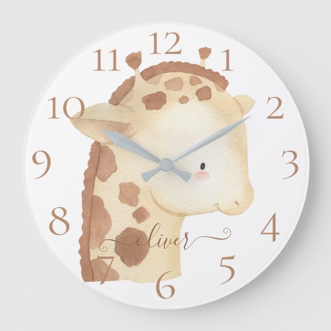 Niedlicher Personalisierter Name des Baby-Giraffs Große Wanduhr (Vorderseite)