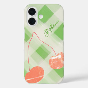 Niedlicher Personalisierter Name Gingham Green Cre iPhone 16 Hülle