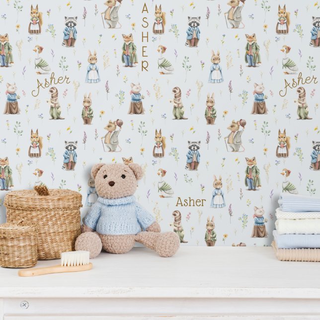 Niedlicher Personalisierter Name Woodland Animals  Tapete (Cute Baby blue boy custom name woodland animals forest friends theme nursery kids bedroom wallpaper)