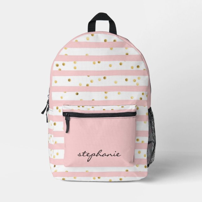 Niedlicher Personalisierter rosa Streifen und gold Bedruckter Rucksack (Vorderseite)