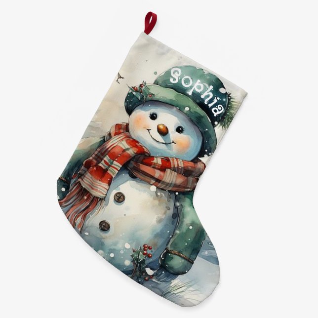Niedlicher Personalisierter Wasserfarbenschneemann Großer Weihnachtsstrumpf (Vorderansicht (hängend))