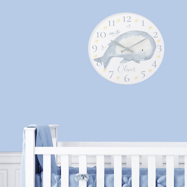 Niedlicher Personalisierter Watercolor Baby Whale  Große Wanduhr (Von Creator hochgeladen)