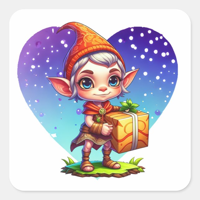 Niedlicher Personalisierter Weihnachtself Quadratischer Aufkleber (Vorderseite)