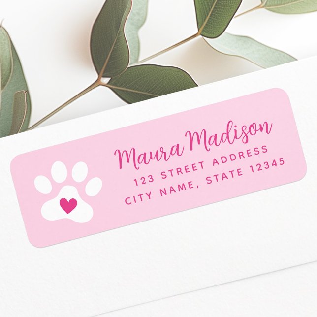 Niedlicher Pfotendruck mit herzrosa Rücksendeadres (Cute paw print with heart pink return address label)