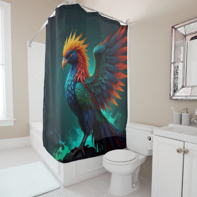 Niedlicher Phoenixvogel aus Rot und Blues Duschvorhang (Beispiel)