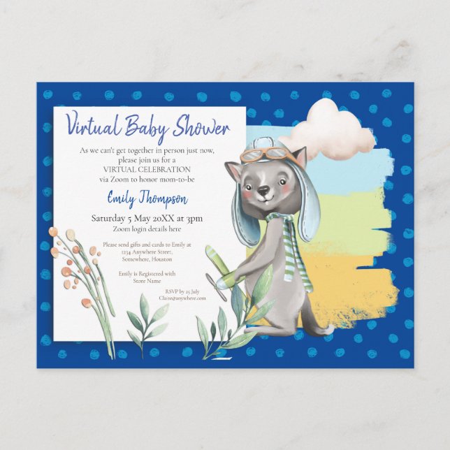 Niedlicher Pilot Wolf Polka Dot Blue Virtual Baby  Einladungspostkarte (Vorderseite)