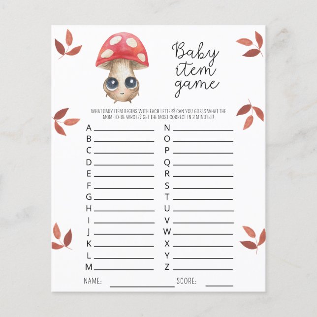 Niedlicher Pilz - Kinderspiel. Baby Shower Game (Vorderseite)