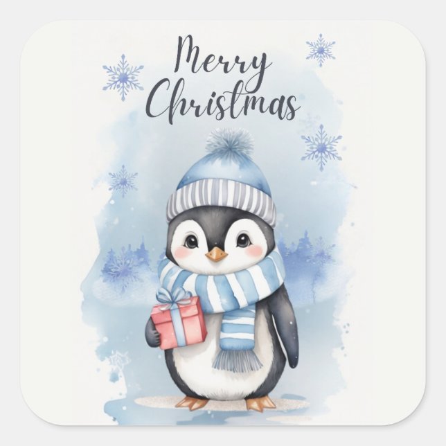 "Niedlicher Pinguin 2" Quadratischer Aufkleber (Vorderseite)