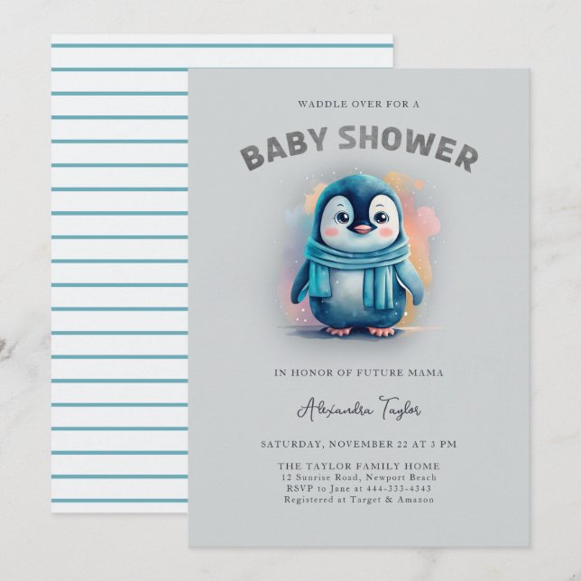 Niedlicher Pinguin Adorable Watercolor Kinderdusch Einladung (Vorne/Hinten)
