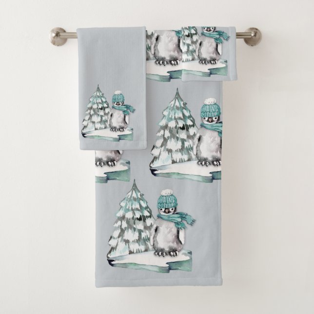 Niedlicher Pinguin-Arktische Schneekiefern Badhandtuch Set (Insitu)