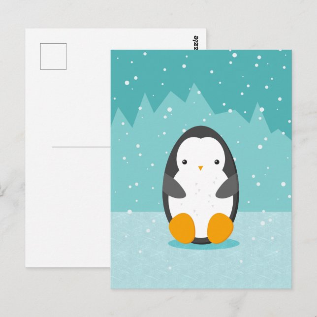 Niedlicher Pinguin auf Eis Blue Winter Cartoon Postkarte (Vorne/Hinten)