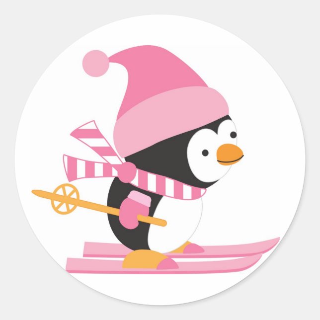 Niedlicher Pinguin auf Schneeschuhen Runder Aufkleber (Vorderseite)