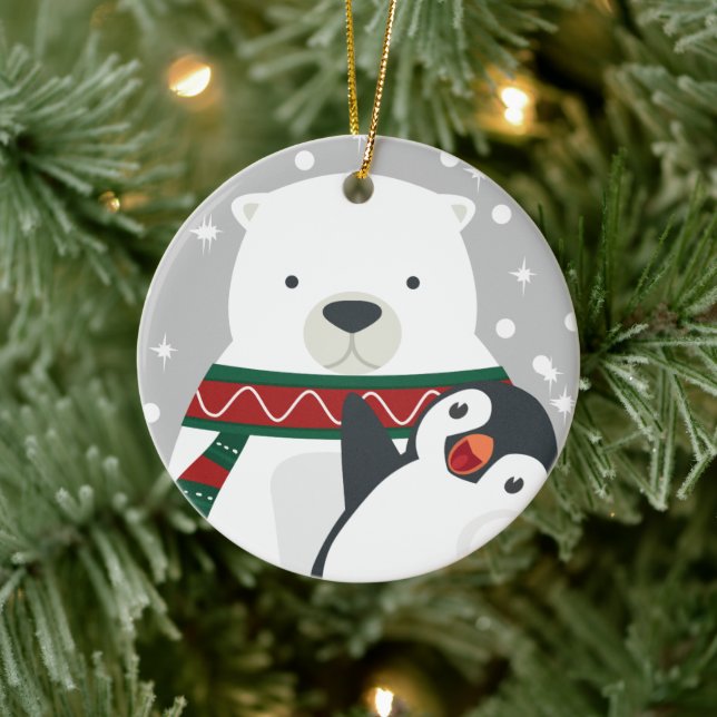 Niedlicher Pinguin Bären essen Drink Frohe Weihnac Keramik Ornament (Baum)