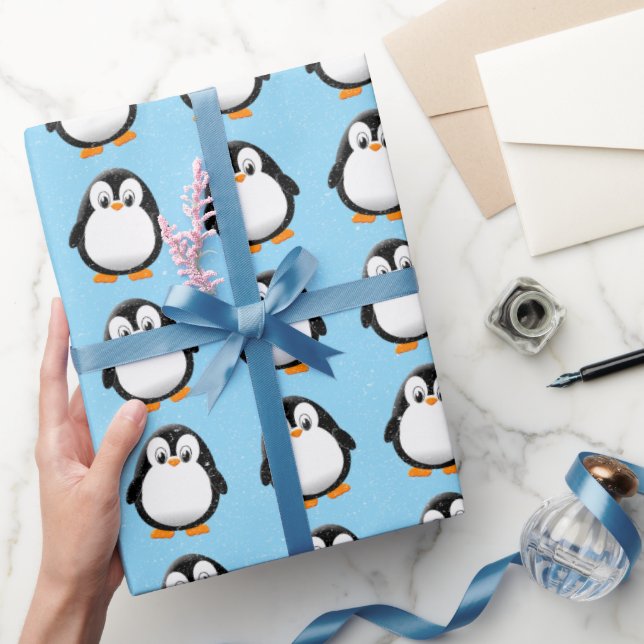 Niedlicher Pinguin Cartoon Custom Winter Blue Geschenkpapier (Schenken)