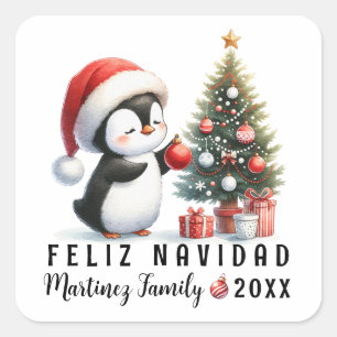 Niedlicher Pinguin der Weihnachtsmannmütze Feliz N Quadratischer Aufkleber