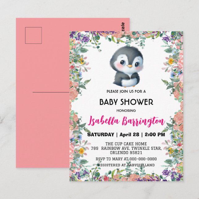 Niedlicher Pinguin, farbenfroh, Blume Babydusche Postkarte (Vorne/Hinten)