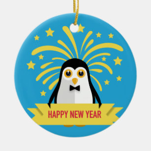 Niedlicher Pinguin - Frohes Neues Jahr mit Feuerwe Keramik Ornament