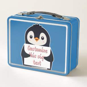 Niedlicher Pinguin hält ein Schild für personalisi Metall Brotdose