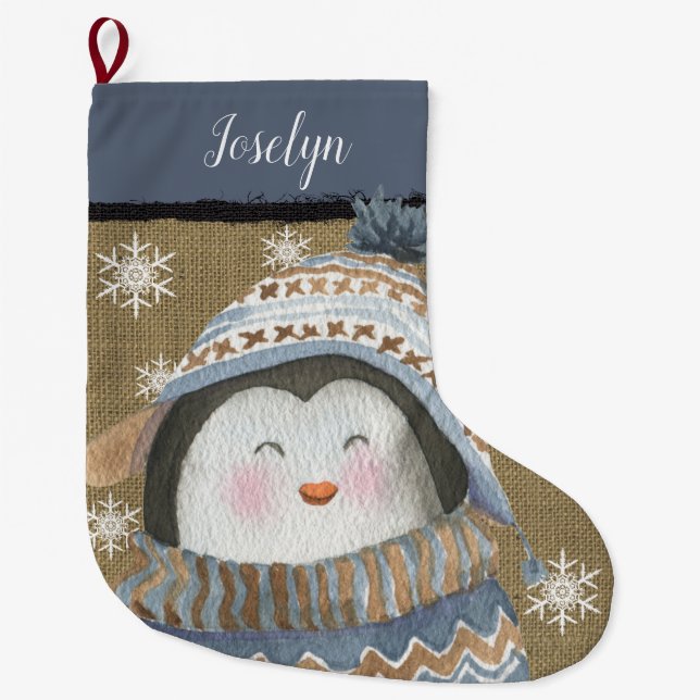 Niedlicher Pinguin in Blue Tan Sweater Hat Name Großer Weihnachtsstrumpf (Vorderseite)