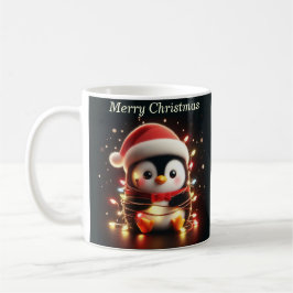 Niedlicher Pinguin in Weihnachtsbeleuchtung ummant Kaffeetasse