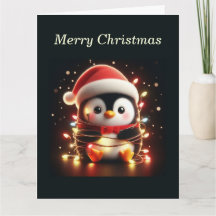 Niedlicher Pinguin in Weihnachtsbeleuchtung ummant