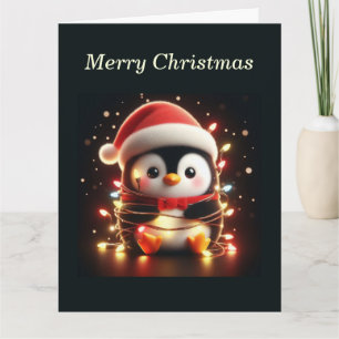 Niedlicher Pinguin in Weihnachtsbeleuchtung ummant Karte