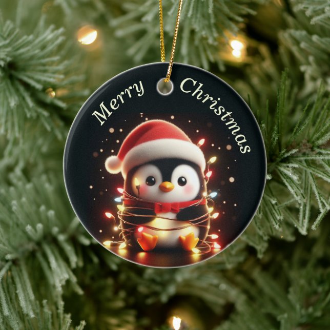 Niedlicher Pinguin in Weihnachtsbeleuchtung ummant Keramik Ornament (Baum)